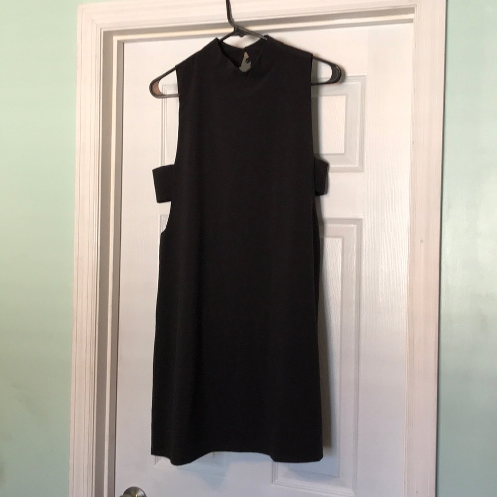 Black high-neck mini dress with open side detail